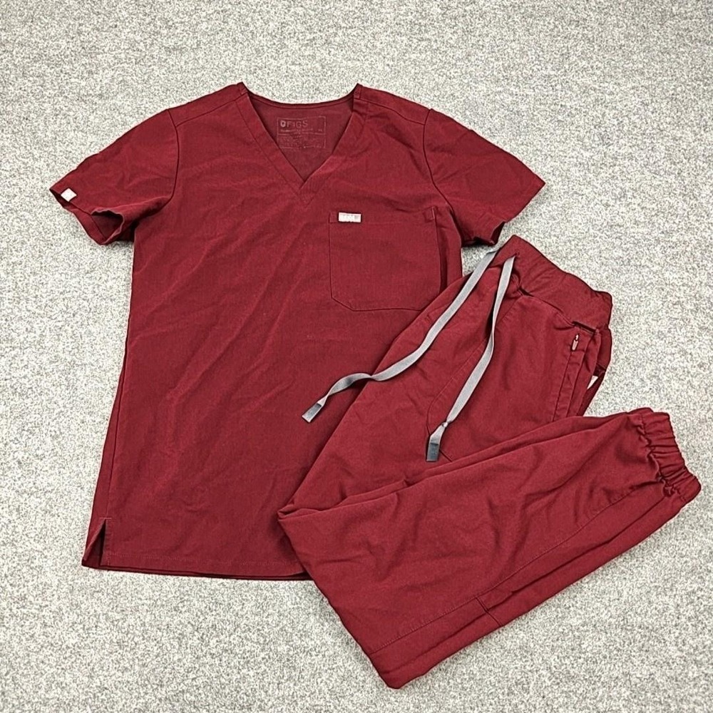 FIGS Scrub Set Womens XS Maroon Technical Collection V Neck Top Jogger Pants